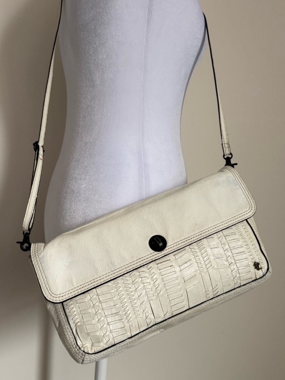 Elliott Lucca Cream Woven Leather Crossbody Bag